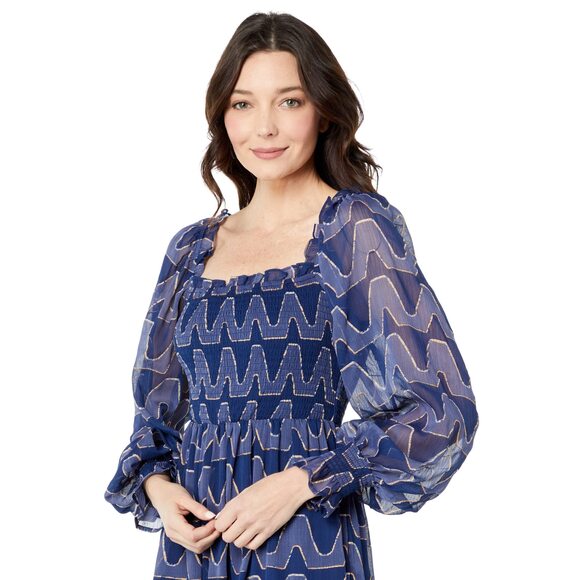 MOON RIVER Textured Smocked Midi Dress Navy MD